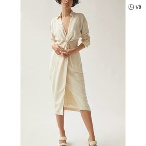 Anthropologie Linen Blend Midi Dress V‎ Neck Knot Front Long Sleeve Size 10P